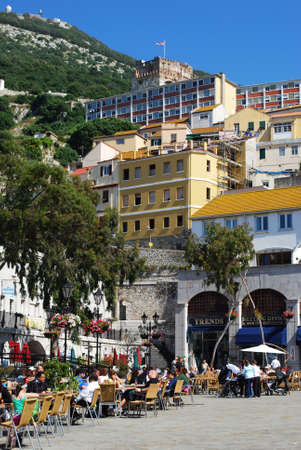 Tourists relaxing at pavement cafes in Grand Casemates Square, Gibraltar, United Kingdom, Western Europe.のeditorial素材