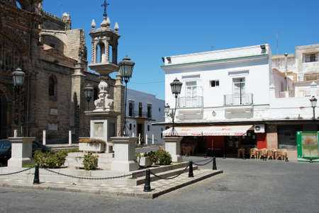 Pavement cafe in the Plaza de Espana with the Mayor Priory church to the left hand side, El Puerto de Santa Maria, Cadiz Province, Andalusia, Spain, Western Europe.のeditorial素材