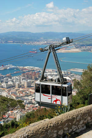Cable car with views over the town sea and Spanish coastline, Gibraltar, United Kingdom, Western Europe.のeditorial素材