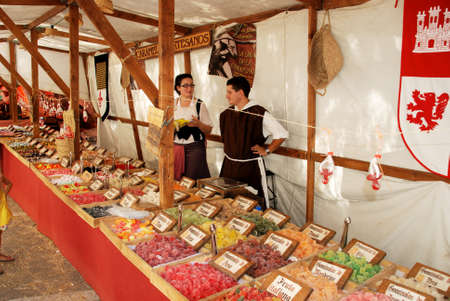 Sweet stall at the Medieval market, Barbate, Cadiz Province, Andalusia, Spain, Western Europe.のeditorial素材