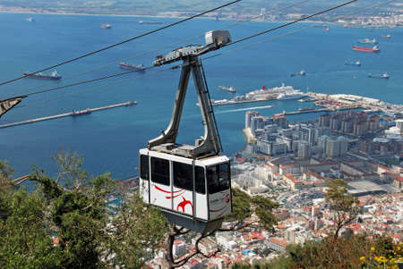 Cable car with views over the town sea and Spanish coastline, Gibraltar, United Kingdom, Western Europe.のeditorial素材