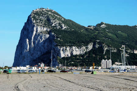 Rock of Gibraltar to the rear seen from La Linea beach in Spain, Gibraltar, United Kingdom, Western Europe.のeditorial素材