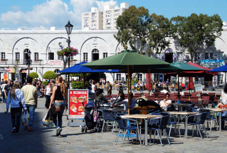 Tourists relaxing at pavement cafes in Grand Casemates Square, Gibraltar, United Kingdom, Western Europe.のeditorial素材