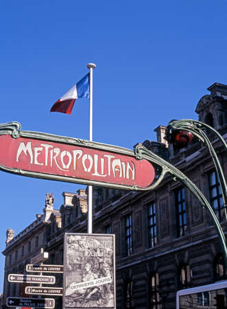 Chatelet Metro station entrance and French flag, Paris, France, Western Europe.のeditorial素材