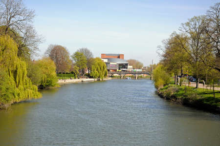 View along the River Severn seen from the Porthill suspension bridge with the Theatre Severn to the rear, Shrewsbury, Shropshire, England, UK, Western Europe.のeditorial素材