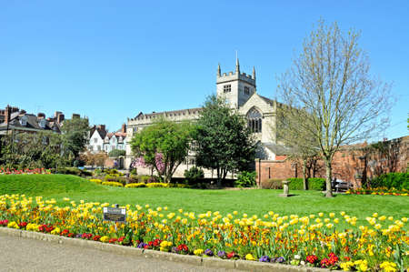 Castle Gate Library with Spring flowers in the foreground, Shrewsbury, Shropshire, England, UK, Western Europe.のeditorial素材