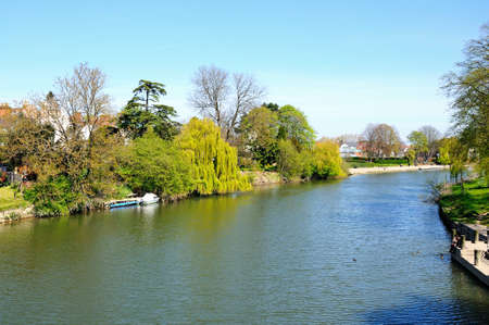 View along the River Severn seen from the Porthill suspension bridge, Shrewsbury, Shropshire, England, UK, Western Europe.のeditorial素材
