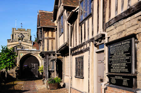 View of the Lord Leycester Hospital and St James Chapel along High Street, Warwick, Warwickshire, England, UK, Western Europe.のeditorial素材