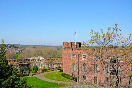 Elevated view of the sandstone castle and gardens, Shrewsbury, Shropshire, England, UK, Western Europe.のeditorial素材