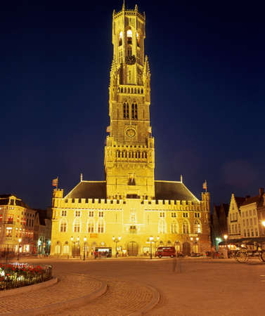 View of the Belfry lit up at night Bruges Belgium Western Europe.のeditorial素材