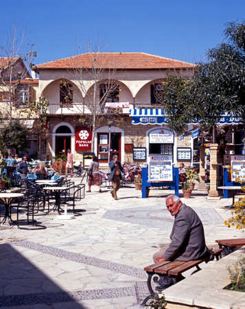 People relaxing in the restaurant area of the old town Polis Cyprus.のeditorial素材