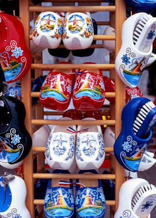 Painted clogs for sale outside a gift shop, Volendam, Holland, Nertherlands, Europe.のeditorial素材