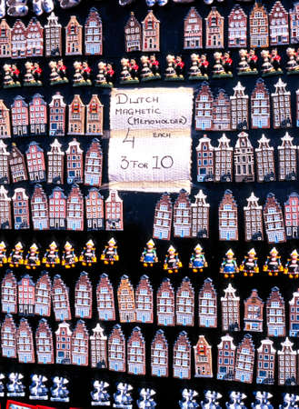 Dutch houses fridge magnets for sale outside a city centre shop, Amsterdam, Holland, Netherlands, Europe.のeditorial素材