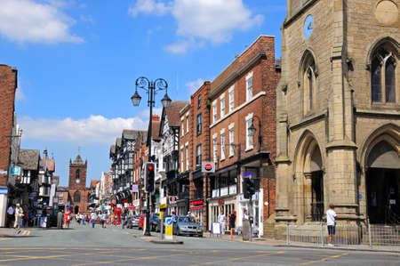 Buildings and shops along Bridge Street with St Peters church and St Michaels church to the rear, Chester, Cheshire, England, UK, Western Europe.のeditorial素材