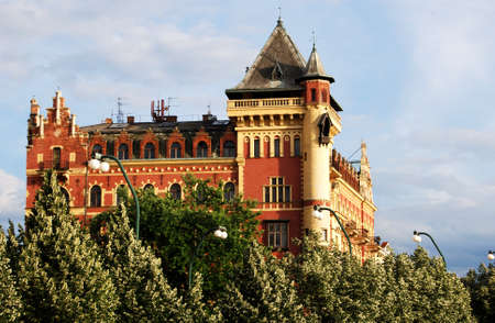 View of the Dutch Renaissance Bellevue building alongside the Smetana Quay, Prague, Czech Republic,...
