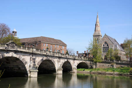The English Bridge across the River Severn with United Reformed Church to the right hand side, Shrewsbury, Shropshire, England, UK, Western Europe.の写真素材