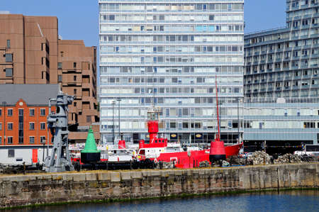 View across Canning Dock towards the city office buildings, Liverpool, Merseyside, England, UK, Western Europe.のeditorial素材