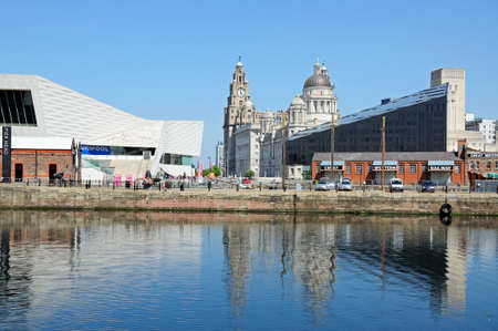 The Three Graces consisting of the Liver Building, Port of Liverpool Building and the Cunard Building with the Museum of Liverpool to the left hand side, Liverpool, Merseyside, England, UK, Western Europe.のeditorial素材