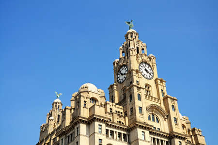 The Royal Liver Building clock tower and Liver Bird at Pier Head, Liverpool, Merseyside, England, UK, Western Europe.のeditorial素材