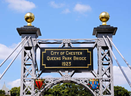 Plaque on the River Dee Suspension Bridge aka Queens Park Suspension bridge, Chester, Cheshire, England, UK, Western Europe.の写真素材