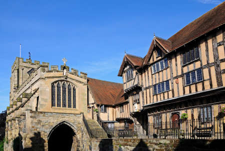 View of the Lord Leycester Hospital and St James Chapel along High Street, Warwick, Warwickshire, England, UK, Western Europe.のeditorial素材