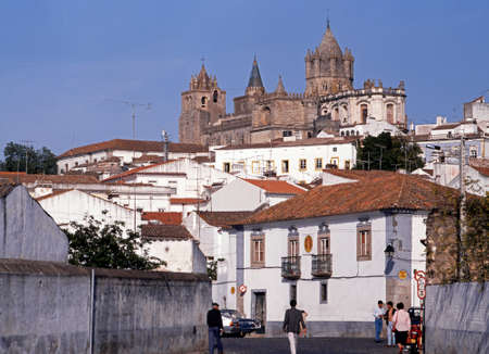 Cathedral and city centre buildings, Evora, Alentejo region, Portugal, Western Europe.