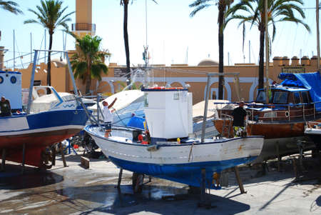 Traditional Spanish fishing boats in dry dock, Fuengirola, Malaga Province, Andalusia, Spain, Western Europe.のeditorial素材