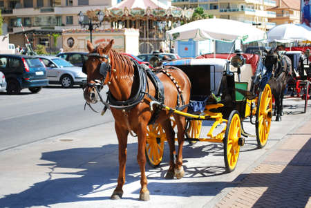 Horse and carriage alongside the promenade, Fuengirola, Malaga Province, Andalusia, Spain, Western Europe.のeditorial素材