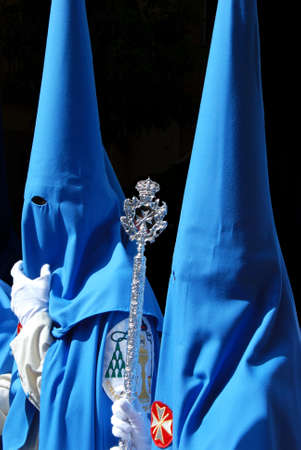 Members of the San Esteban brotherhood walking through the city streets during Santa Semama,...