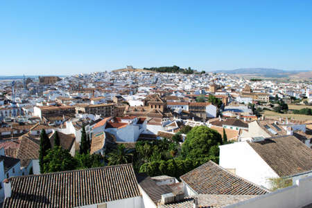 View over rooftops towards the church on the hill, Antequera, Malaga Province, Andalucia, Spain, Western Europe.のeditorial素材