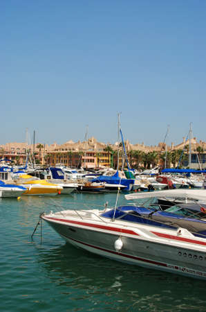 Yachts and boats in the marina with buildings to the rear, Puerto Sotogrande, Cadiz Province, Andalucia, Spain, Western Europe.のeditorial素材