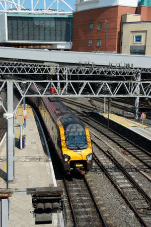 Train arriving at New Street railway station, Birmingham, England, UK, Western Europe.