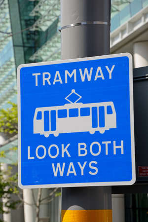 Blue Look Both Ways Tram sign, Birmingham, England, UK, Western Europe.の写真素材