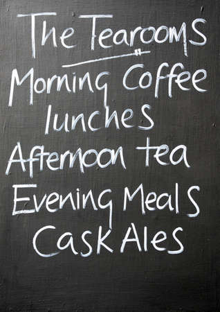 Menu chalkboard for a cafe and pub, Burford, Cotswolds, Oxfordshire, England, UK, Western Europe.の写真素材