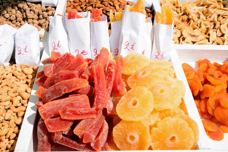 Dried fruit for sale on a waterfront stall, Chania, Crete, Greece, Europe.の写真素材
