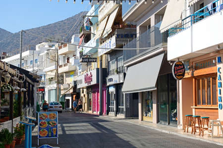 Tourist street in the harbour area with bars and restaurants, Hersonissos, Crete, Greece, Europe.のeditorial素材