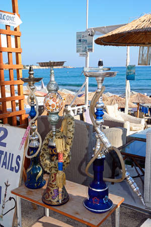 Hookah Sisha Pipes at a beachside bar, Hersonissos, Crete, Greece, Europe.のeditorial素材