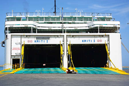 Anek Lines Kriti I car ferry loading ramps to car deck, Heraklion, Crete, Greece, Europe.