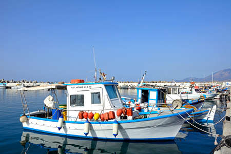 Traditional fishing boats moored in the harbour, Ierapetra, Crete, Greece, Europe.のeditorial素材