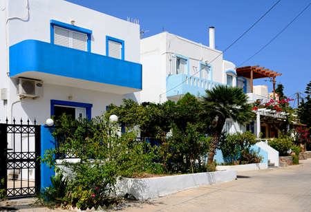 Row of whitewashed Greek townhouses, Makrigialos, Crete, Greece, Europe.のeditorial素材