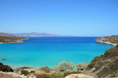 Elevated view of the sea and coastline with mountains to the rear, Istro, Crete, Greece, Europe.のeditorial素材