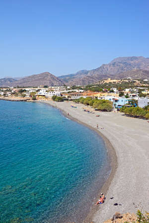 Elevated view of the beach with views towards the mountains, Makrigialos, Crete, Greece, Europe.のeditorial素材