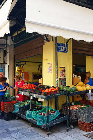 Fruit and vegetables for sale at a city centre shop along Odos 1821, Heraklion, Crete, Greece, Europe.のeditorial素材