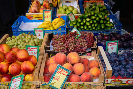 Fruit and vegetables for sale at a city centre shop along Odos 1821, Heraklion, Crete, Greece, Europe.のeditorial素材