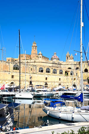 View of Vittoriosa and Senglea marina with Senglea waterfront buildings to the rear, Vittoriosa (Birgu), Malta, Europe.のeditorial素材
