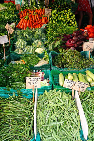 Fresh vegetables for sale on a market stall in the city centre, Heraklion, Crete, Greece, Europe.の写真素材