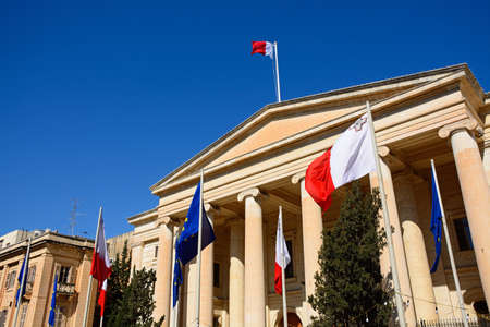 View of the Law Court building along Republic Street aka Triq Ir Repubblika, Valletta, Malta,...