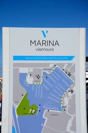 Vilamoura marina plan sign along the waterfornt, Vilamoura, Algarve, Portugal, Europe.