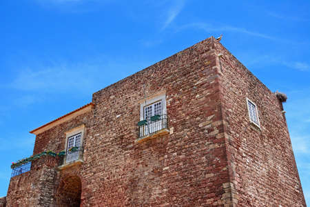 View of the city gate building (Torreao das Portas da Cidade) with storks nesting on the top,...