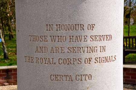 The Royal Corps of Signals memorial inscription at the National Memorial Arboretum, Alrewas, Staffordshire, England, UK, Western Europe.のeditorial素材